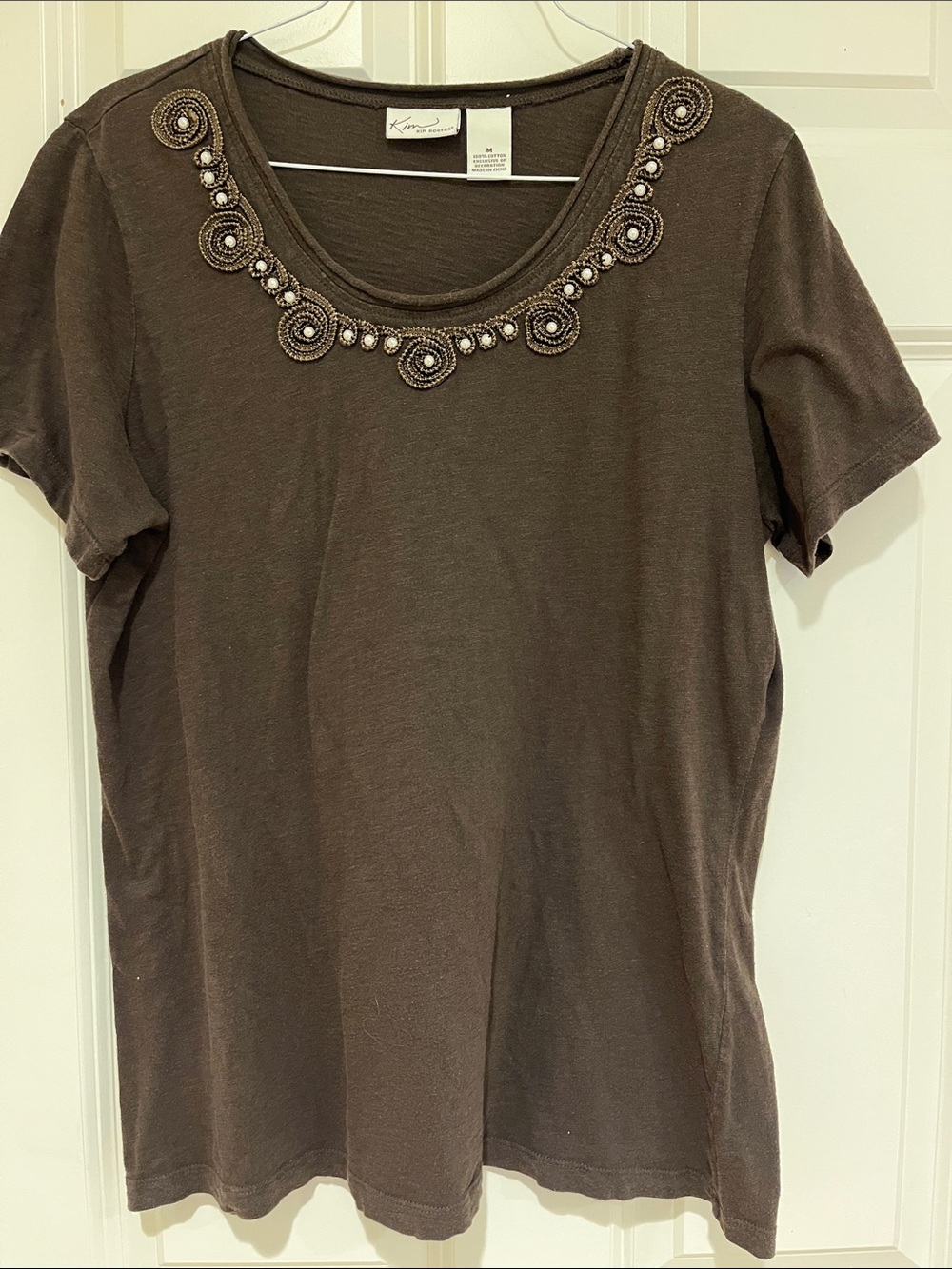 Kim Rogers Brown Short Sleeve Tee with Beaded Pearl Collar
